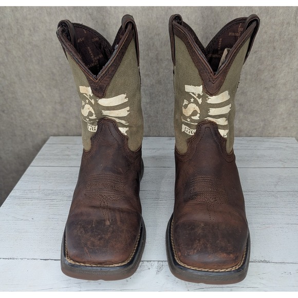Kids Durango Western Boots Brown Leather USA Flag Canvas Square Toe Size 3 Boys - Picture 1 of 11